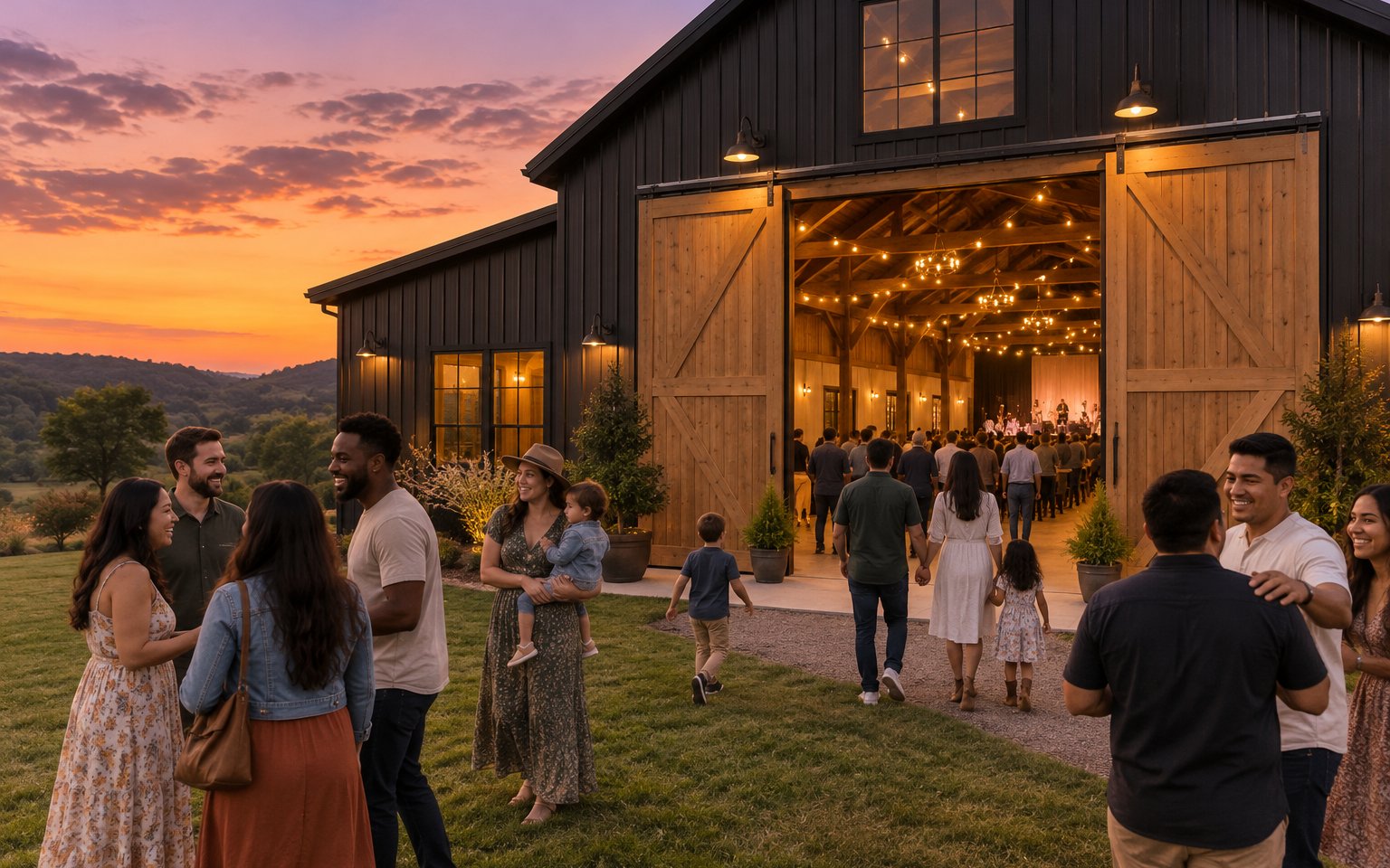 Concept image: young families gathering at a black and wood barn at dusk