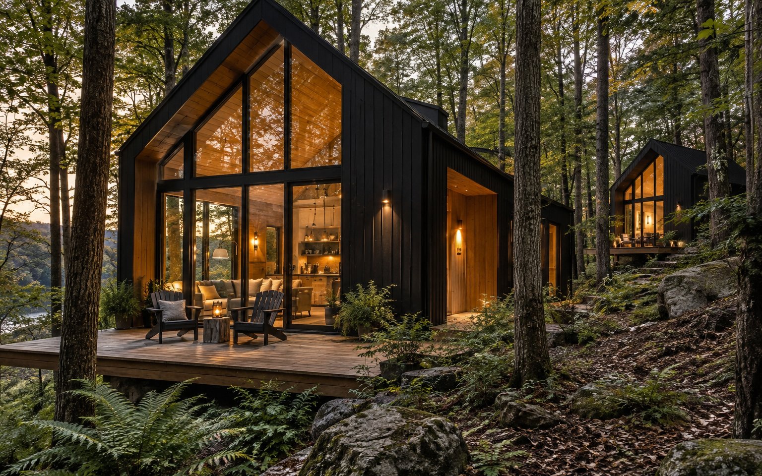 Concept image: black cabins with wood accents glowing among the trees