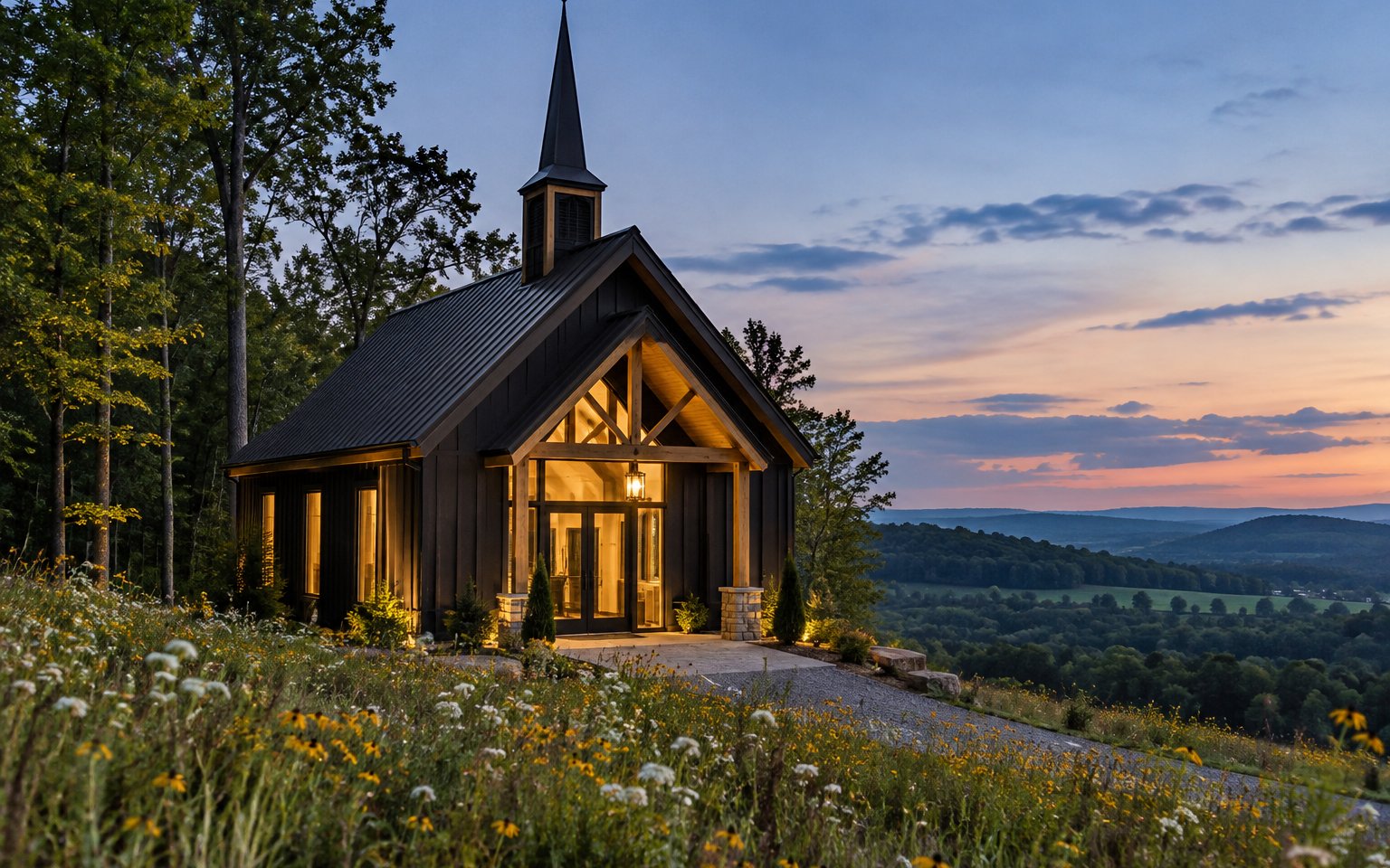 Concept image: a small black and wood chapel at the edge of a meadow