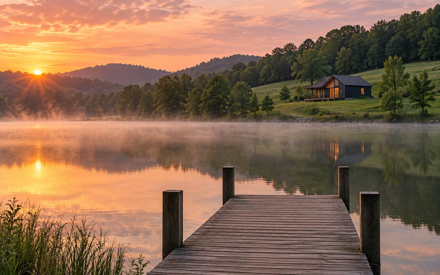 Concept image: a misty lake at sunrise with a wooden dock
