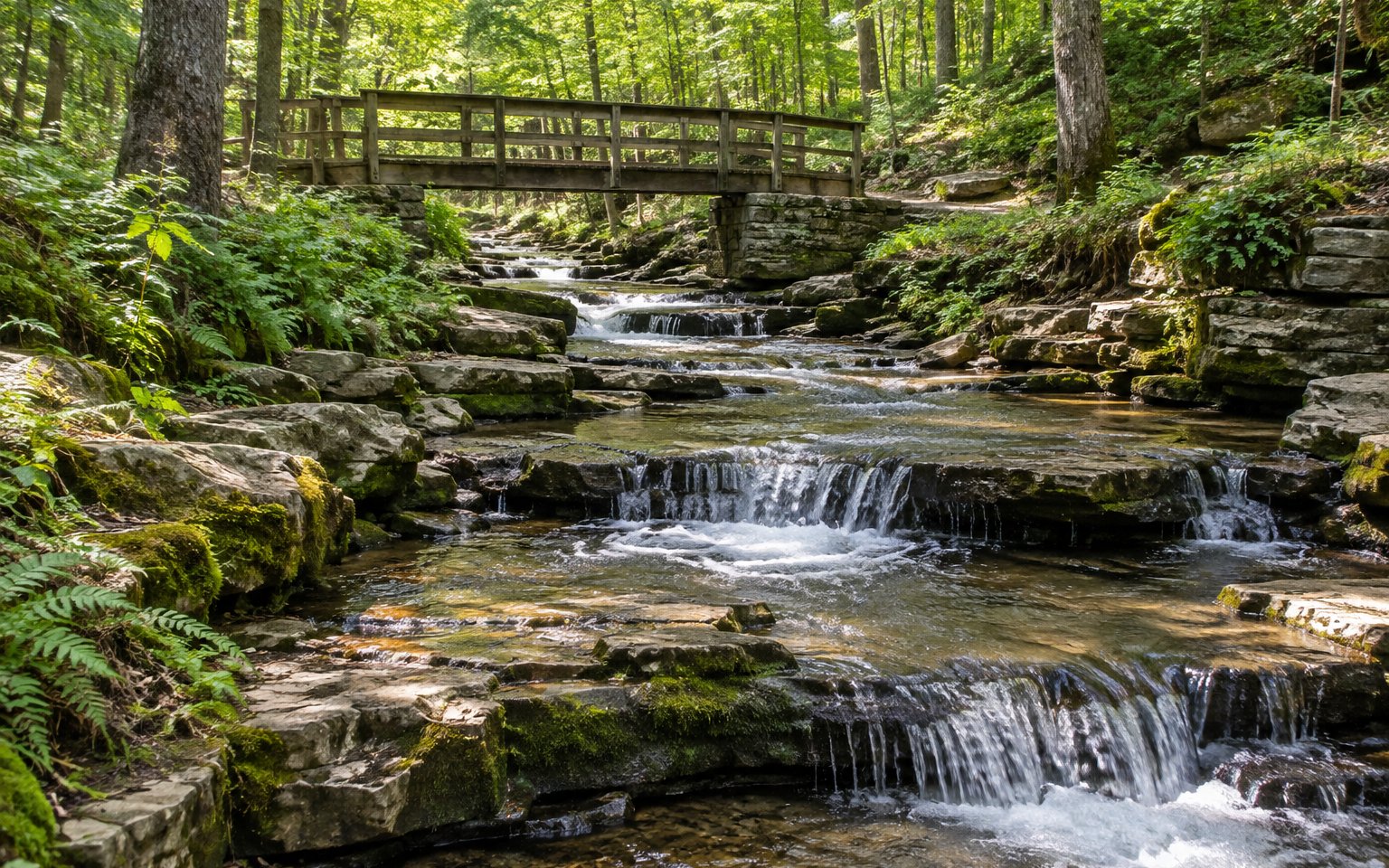 Concept image: a creek over limestone rocks with a wooden footbridge
