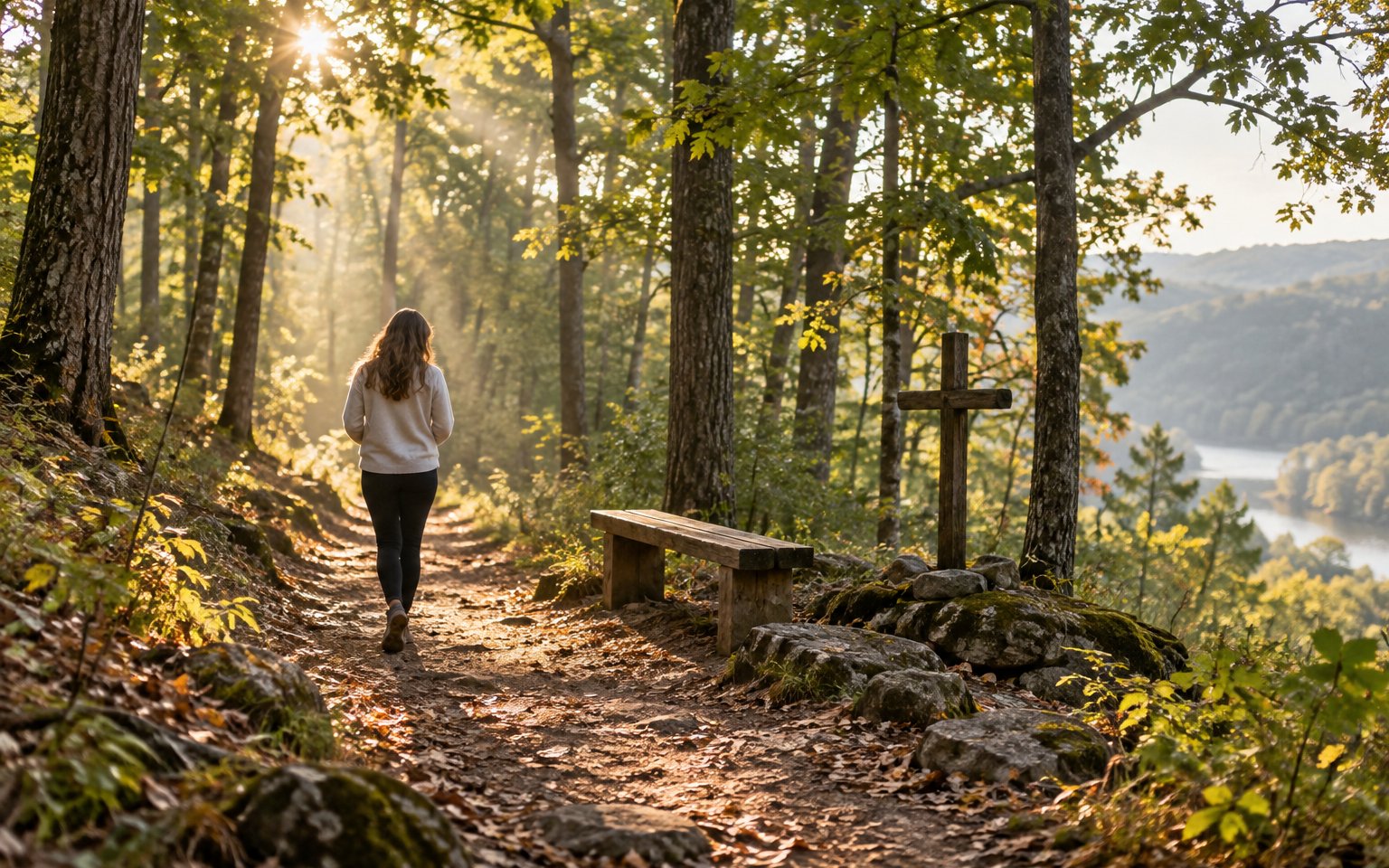 Concept image: a quiet prayer trail with a bench and wooden cross in the Tennessee woods