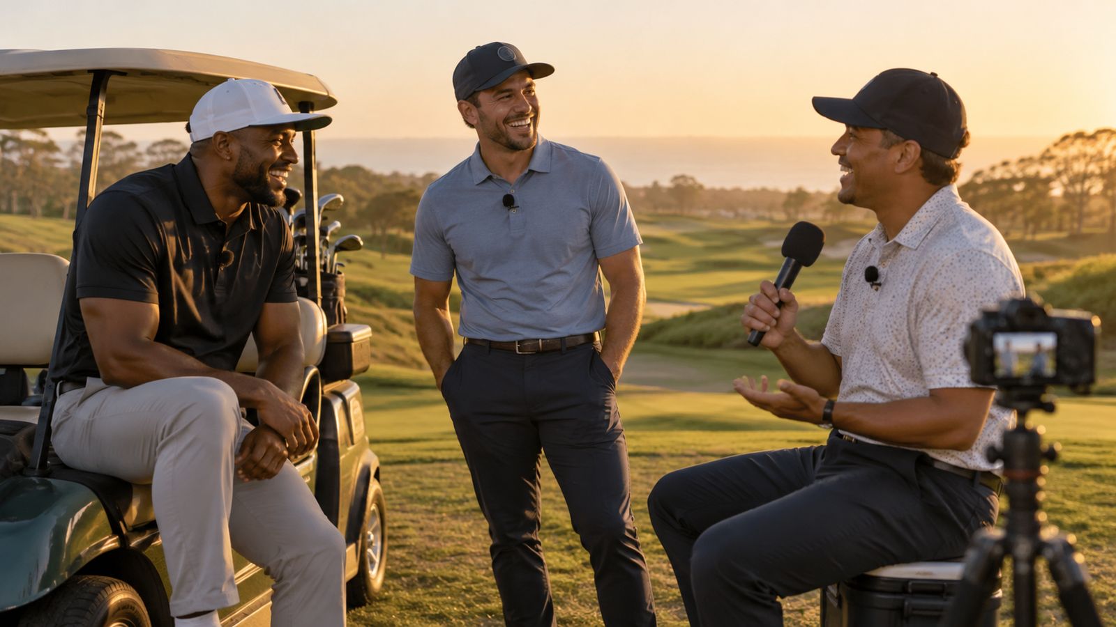 Three men laughing during an on-course podcast recording with microphones and a camera on the fairway