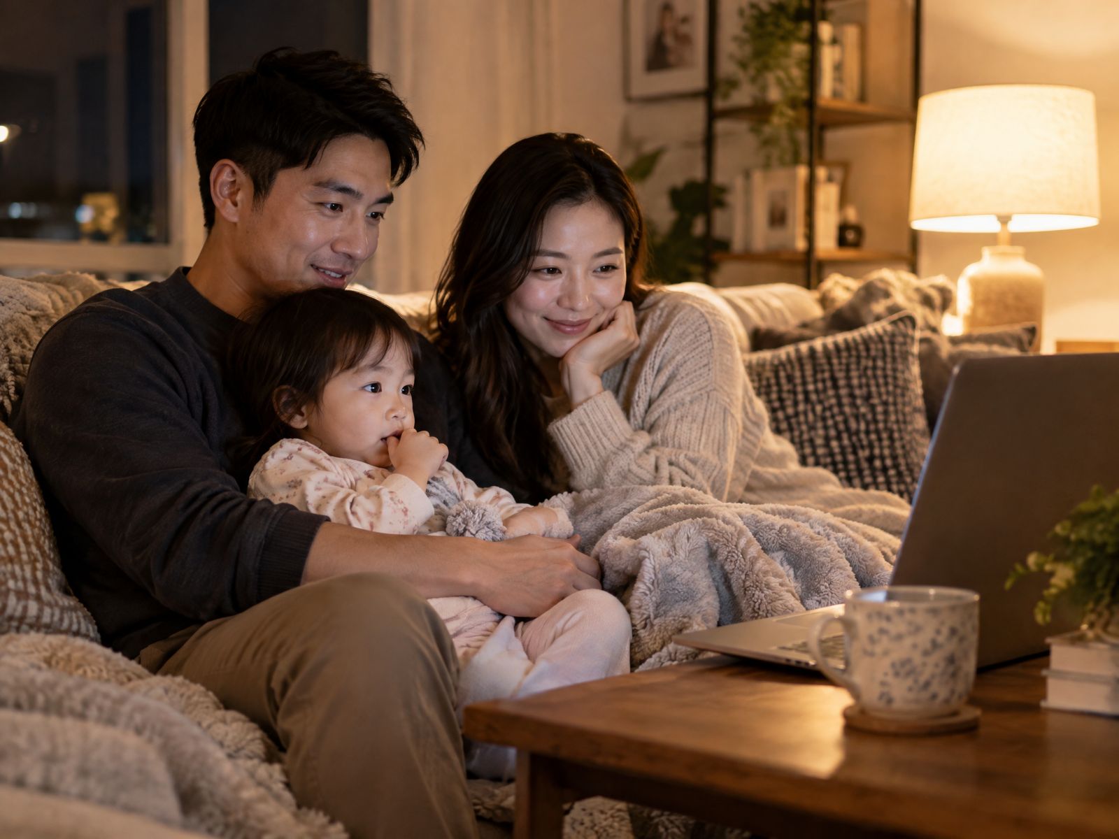 Young parents and their toddler watching a Tend Online teaching on a laptop at home